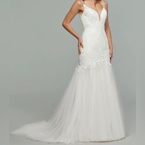 Avery Austin Imani Plunging V Lace Mermaid Wedding Ivory Dress Tulle Skirt SZ 20